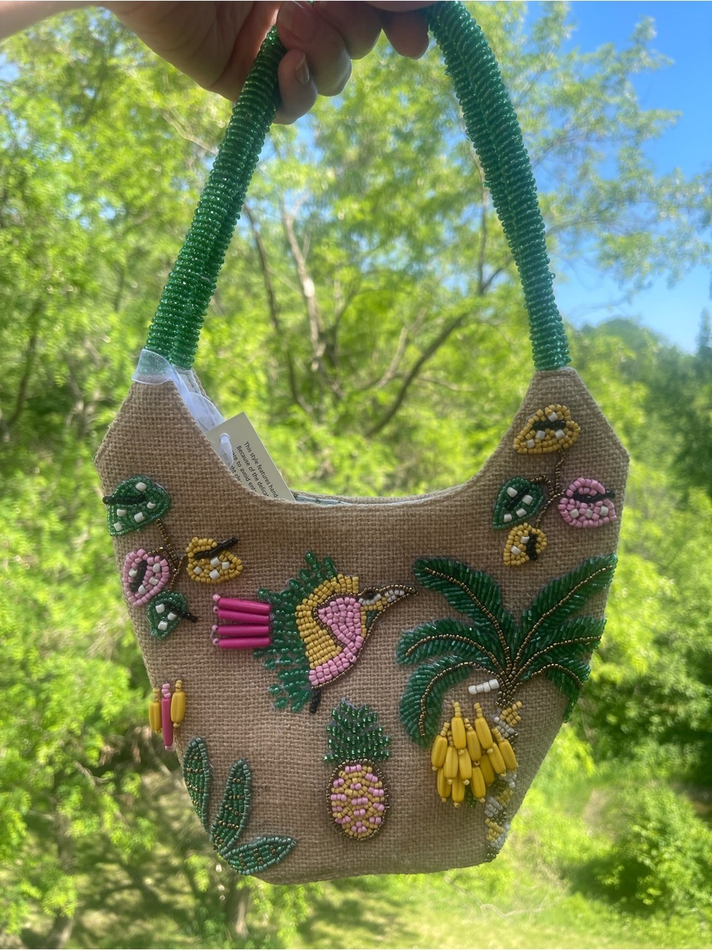 Tropical Beaded Shoulder bag - bird, floral, bananas